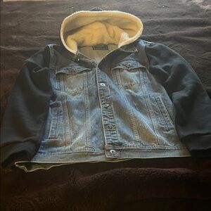 Men's Denim Jacket with Black Sleeves and Hood